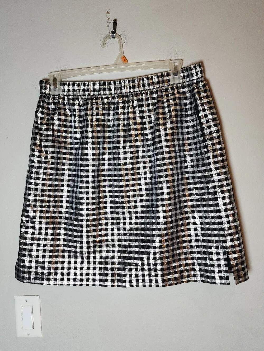 J. Crew Pull-on Shiny Gingham Plaid Skirt Black Silver Pockets Size Large